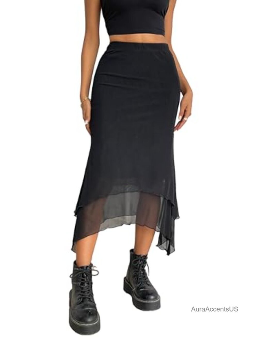 Mesh Mermaid Midi Skirt High Waist Fishtail Asymmetrical Women